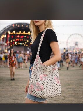 Free People Cream woven Shoulder Bag with Pink Floral Print
